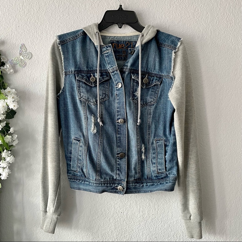 Rue21 Hooded Drawstring Button Up Pocket Gray Denim Jacket Women's Size S Unisex